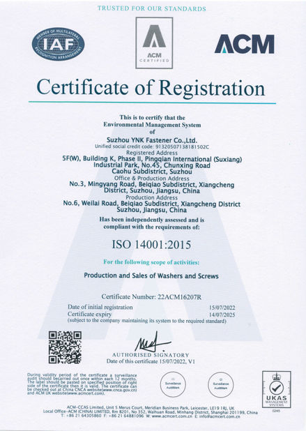 Trung Quốc Suzhou YNK Fastener Co., Ltd. Chứng chỉ