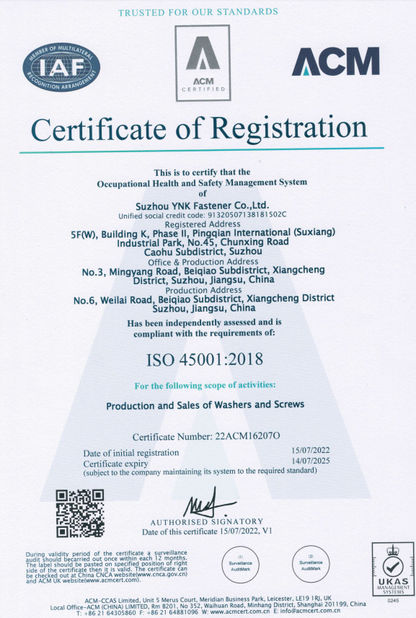 Trung Quốc Suzhou YNK Fastener Co., Ltd. Chứng chỉ